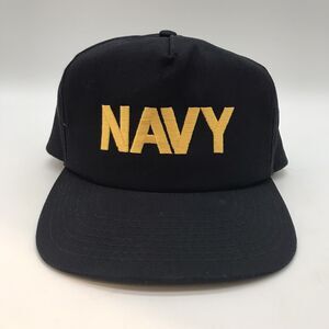 Vtg. NAVY Cap Black Embroidered Gold Square Front Trucker Hat P Made in USA OSFA